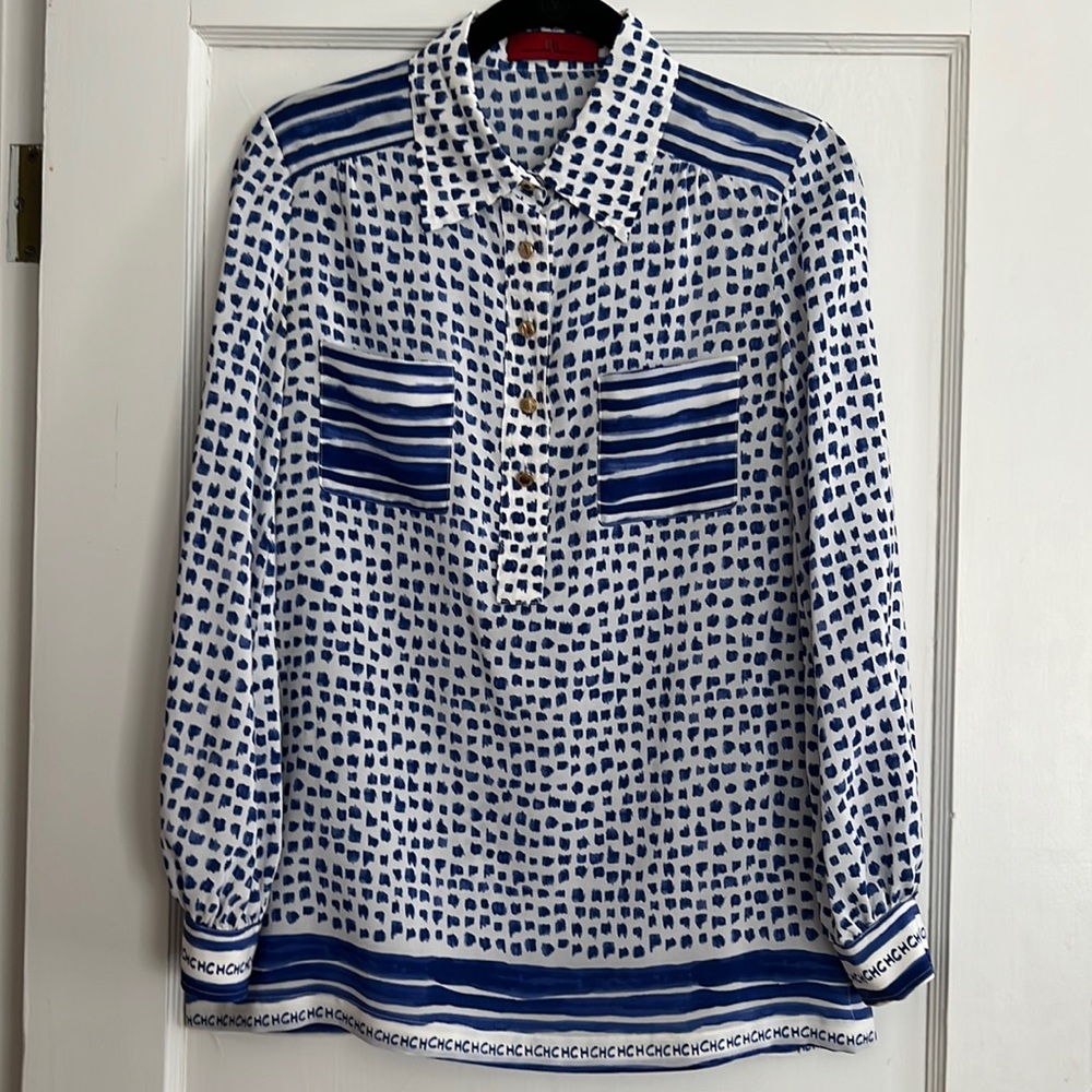 CH Carolina Herrera, size 6 blue and white print button top